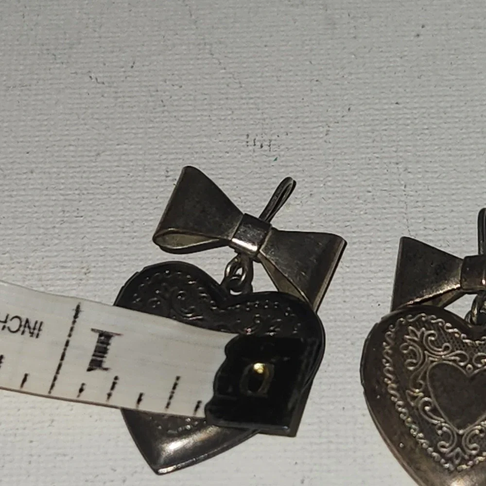 Vintage Heart Locket Earrings Engraved‎ Bow Drop Silver Tone Romantic Jewelry